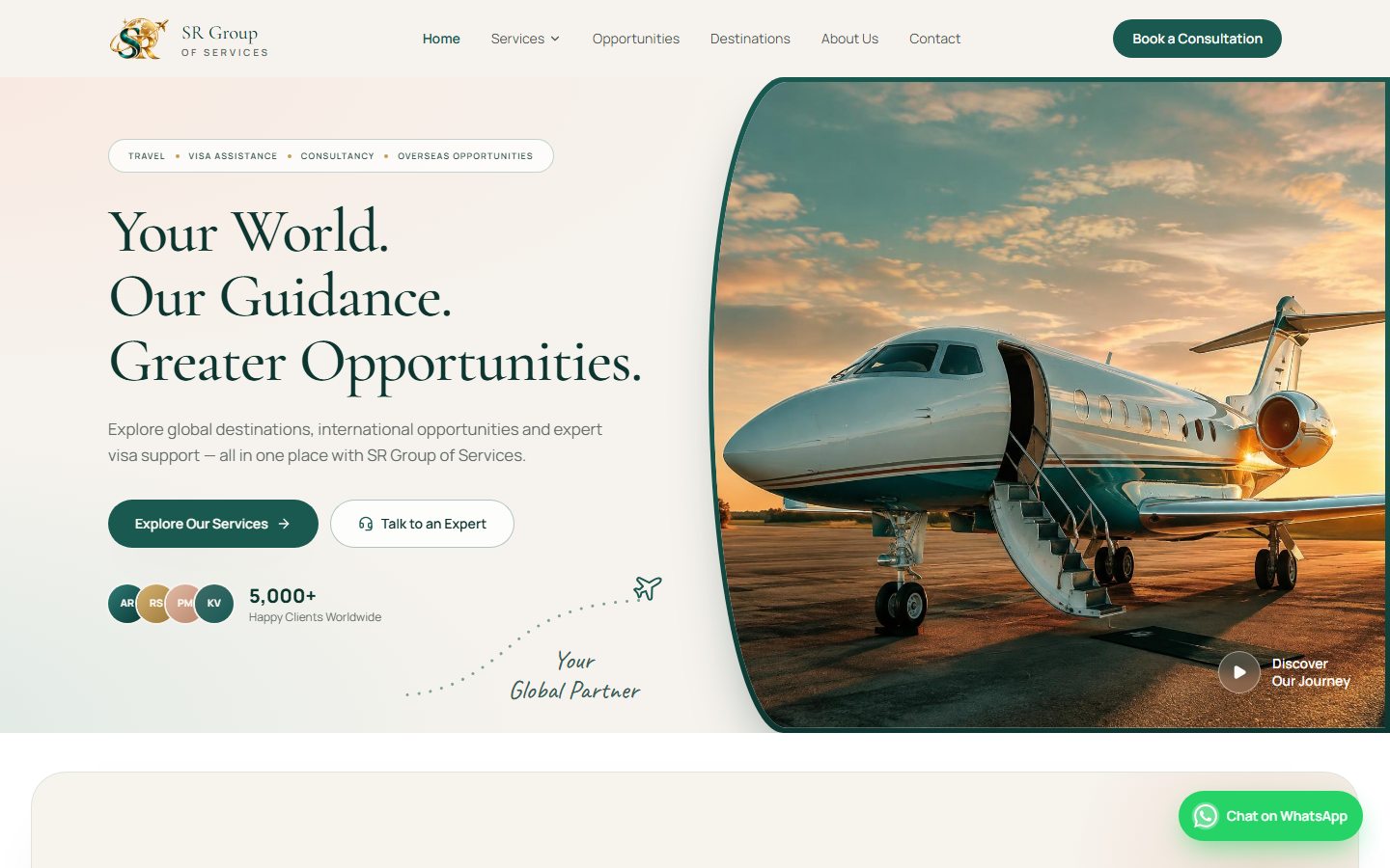 SR Group of Services website homepage showing the navigation, the hero headline Your World. Our Guidance. Greater Opportunities. and a private jet image