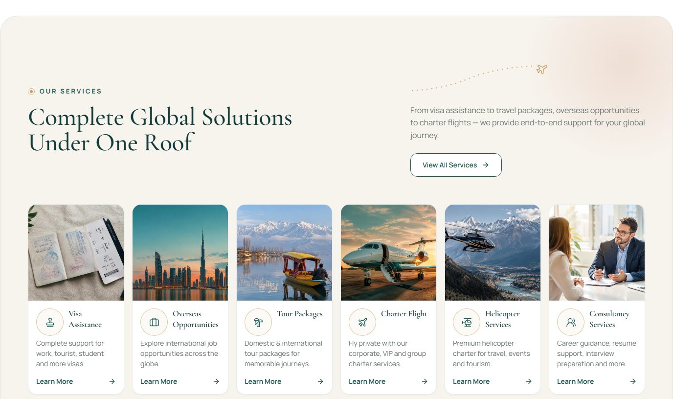 SR Group of Services homepage services section listing six service categories with images and links