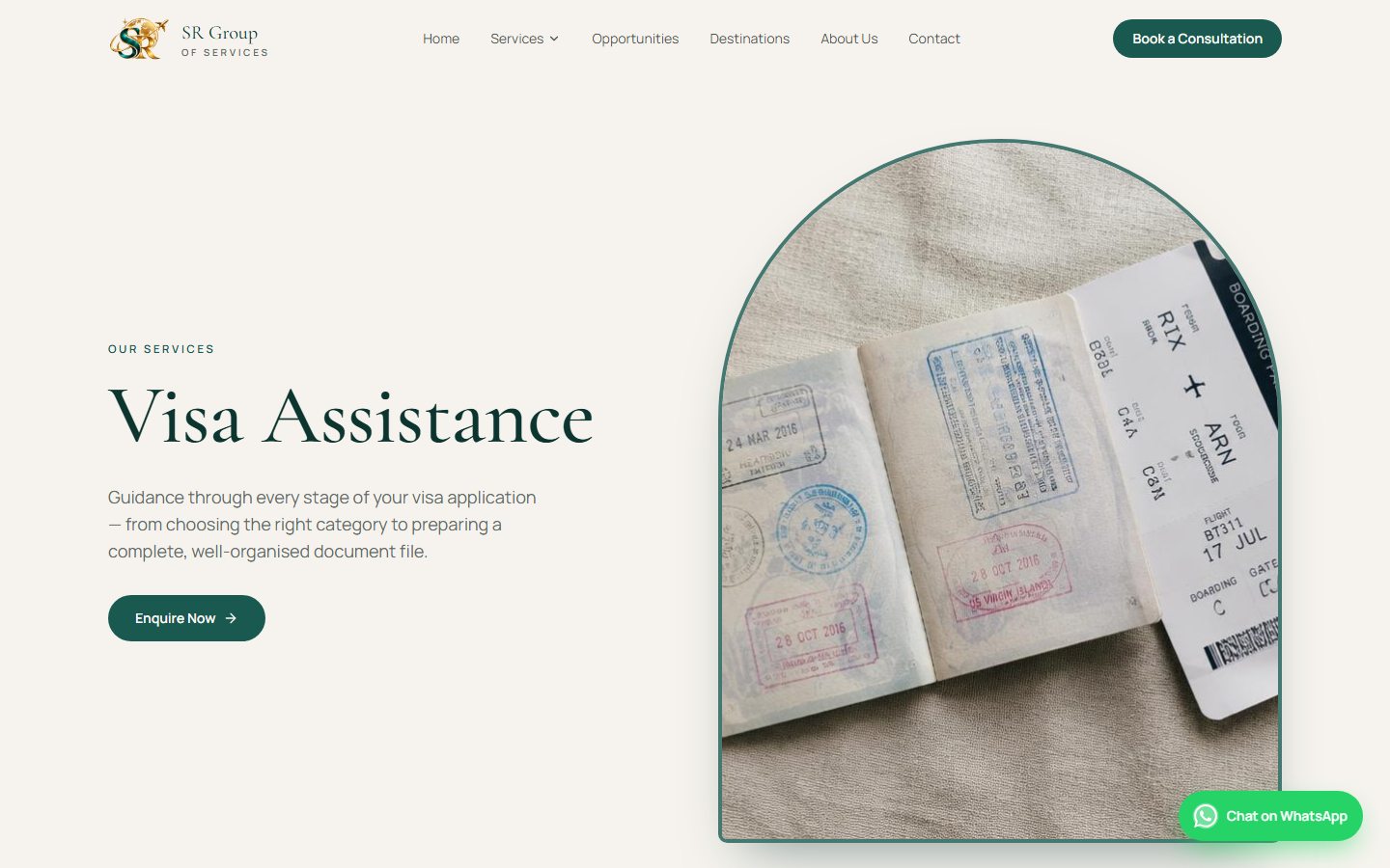 SR Group of Services Visa Assistance service page with an introductory paragraph and an Enquire Now button