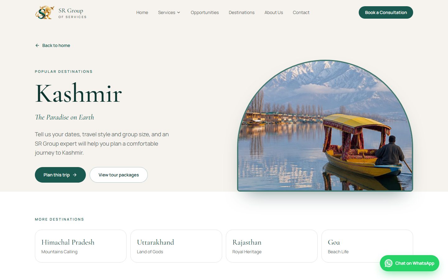 SR Group of Services Kashmir destination page with tour planning actions and links to more destinations