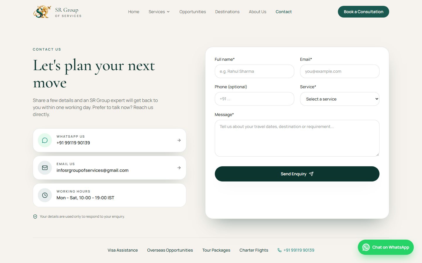 SR Group of Services contact page with an enquiry form, WhatsApp, email and working hours