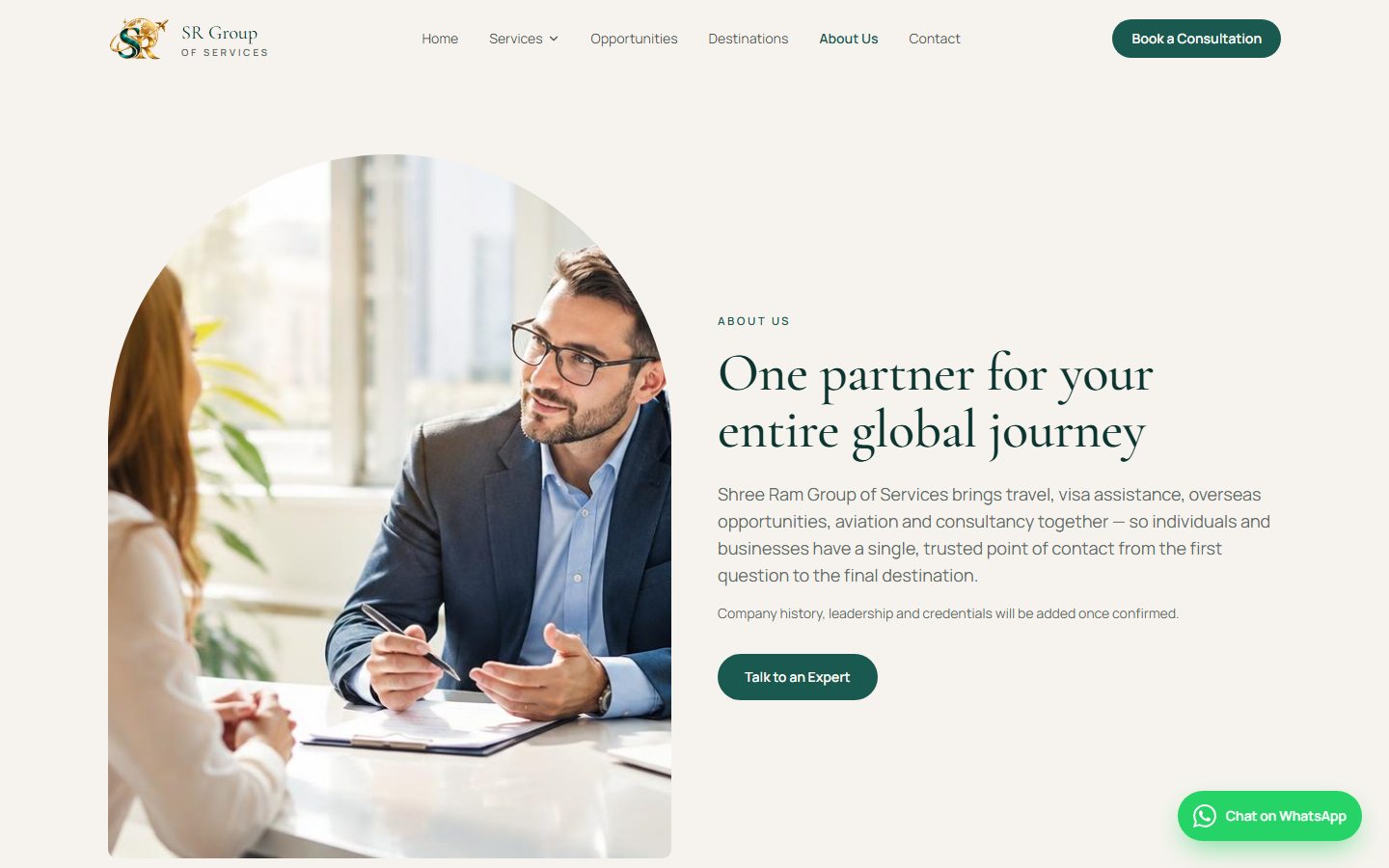 SR Group of Services about page describing the company as one partner for the entire global journey